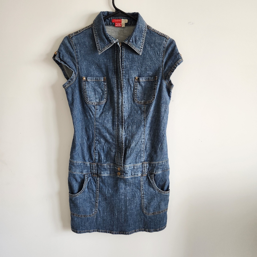 Denim Mini Dress with Zip-Up Front, Size 4